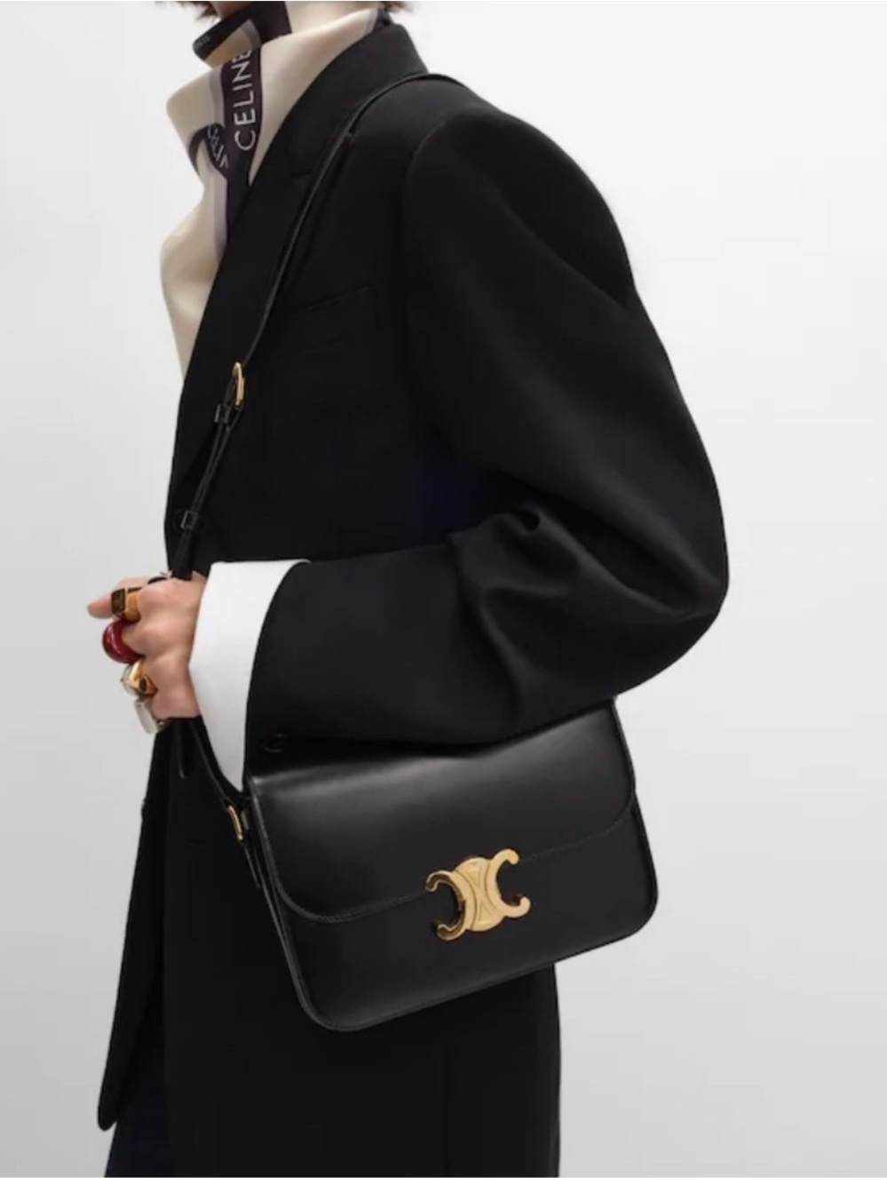 Celine Black Leather Triomphe Shoulder Crossbody with Gold Emblem - Picture 7 of 8